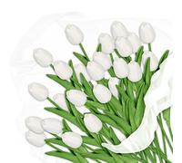 Relaxdays Tulipanes Artificiales, Pack 24 Flores Realistas, Ramo Decorativo, Plástico, 33,5cm de Largo, Blanco y Verde