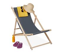 Relaxdays Tumbona Plegable, Playa y Jardín, Silla Balcón Relajante, 3 Posiciones, Madera y Tela, 1 Ud., Gris Oscuro