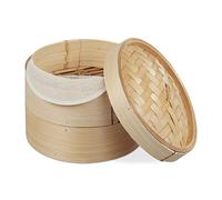 Relaxdays Vaporera de bambú, Cesta tradicional con dos bandejas, Para arroz, Cocedor al vapor, Ø 20,5 cm, 1 Ud., Marrón
