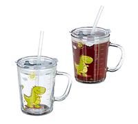 Relaxdays Vasos con Pajita para Niños, Set de 4, Dinosaurio, Vaso Niños con Asa, con Tapa y Pajita, 400 ml, Transparente
