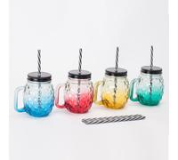 Relaxdays Vasos con tapa, set de 4, piña azul,amarillo,rojo