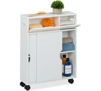 Relaxdays Carrito Auxiliar Estrecho, Puertas Correderas, 67 x 17 x 52 cm, Carro Baño y Cocina, con Mango, MDF, Blanco