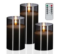 Relaxdays Velas LED de Cristal, Set 3, Mando a Distancia, Temporizador y Llama Parpadeante, Cera Real, sin Fuego, Gris