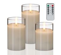 Relaxdays Velas LED de Cristal, Set 3, Mando a Distancia, Temporizador y Llama Parpadeante, Cera Real, sin Fuego, Blanco
