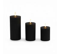 Relaxdays Velas LED en Set de 3, Llama Parpadeante, Cera Real, acanaladas, sin Llama, Negras, 18 x 7.5 x 7.5 cm