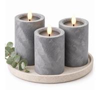 Relaxdays Velas LED, set 3, (Al x Ø): 16,5 x 7,5 cm, gris | llama parpadeante, temporizador, aspecto hormigón, velas sin llama