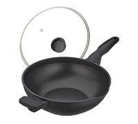 Relaxdays Wok con Tapa, Ø 30 cm, Aluminio, Recubrimiento Antiadherente, Cocina de Gas, Eléctrica, Sartén con Asas, Negro