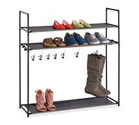 Relaxdays Zapatero 3 Niveles, Sistema Encajado, 12 Pares Zapatos, 7 Ganchos Botas, Metal y Tela, Pasillo, Color Negro