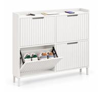 Relaxdays Zapatero basculante, 4 Comp., 8 Pares, 90x100x19 cm, Blanco | Zapatero estrecho, incl. protección antivuelco, frontal acanalado, MDF, metal