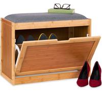 Relaxdays: Zapatero con amplio asiento, ideal para la entrada o el pasillo, con 2 compartimentos ajustables, fabricado en bambú, color natural/gris