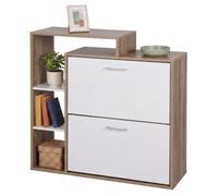 Relaxdays, zapatero, dimensiones: 90 x 80 x 23,5 cm, 2 puertas abatibles, capacidad para 12 pares de zapatos, estantes abiertos, diseño estrecho, color natural/blanco