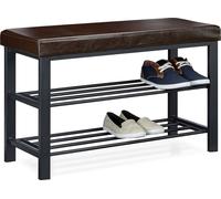 Relaxdays, zapatero para 6-8 pares de zapatos, estante para zapatos con asiento, tapizado en cuero sintético, dimensiones (alto x ancho x profundidad): 49 x 81 x 31 cm, 2 niveles, color marrón