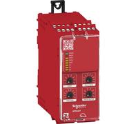 Relé de seguridad Schneider Electric XPSUAT13A3AP. Voltaje de funcionamiento: 24 V DC/AC. 3 contactos normalmente cerrados, 3 contactos normalmente cerrados, 1 contacto normalmente abierto. Dimensione
