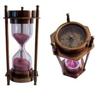 Reloj de arena decorativo de latón con brújula náutica antigua, 12 cm