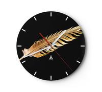 Reloj de Pared 30x30cm Reloj de Vidrio Dorado Pluma Negro Silencioso Decorativo