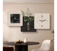Reloj De Pared 3D con Acabado En Arenisca Y Juego De Arte Mural Modular De 3 Piezas con Repisa Decorativa; Decoración De Pared Silenciosa (sin Tictac) Black 70x140cm/27.5x55.1in