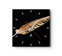 Reloj de Pared 40x40cm Reloj de Vidrio Dorado Pluma Negro Silencioso Decorativo