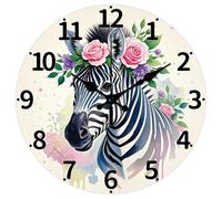 Reloj de pared con diseño de cebra, adornado con rosas y flores silvestres - Reloj decorativo silencioso