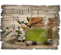 Reloj de pared de madera sin tictac, con funcionamiento a batería. Diseño rectangular, 40x30 cm. Ideal para ambientes de bienestar, spa. Incluye detalles decorativos como vidrio, corcho, jabón, piedra