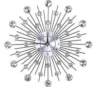 Reloj de pared decorativo - Reloj de pared metálico con detalles brillantes y adornado con "diamantes" plateados, ideal para la decoración de paredes (plateado)