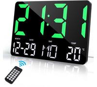 Reloj de pared digital de 12 pulgadas con gran pantalla LED, despertador digital con fecha, temperatura y función de repetición, control remoto, pantalla grande de color verde