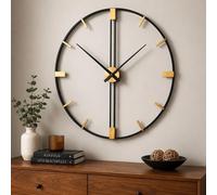 Reloj de pared metálico, 60 cm, color negro y dorado, diseño moderno, funcionamiento silencioso