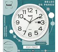 Reloj de pared sami redondo 25.4cm blanco esfera blanca y calendario