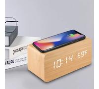 Reloj despertador digital de madera con carga inalámbrica, reloj LED con hora, fecha, temperatura, relojes de escritorio para oficina, reloj de noche Brown-Charging