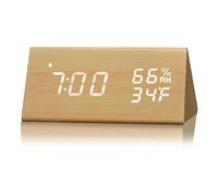 Reloj Despertador Digital, Reloj Despertador de Madera con Pantalla LED Electrónica de Tiempo, Detección de Humedad y Temperatura, 3 Ajustes de Alarma, Reloj Eléctrico de 3 (color madera de bambú)
