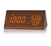 Reloj Despertador Digital, Reloj Despertador de Madera con Pantalla LED Electrónica de Tiempo, Detección de Humedad y Temperatura, 3 Ajustes de Alarma, Reloj Eléctrico de 3 (Marrón claro, Madera