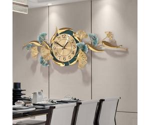 Relojes de Pared for Sala de Estar, Modernos, Elegantes, de Metal, Decorativos, con diseño de Hojas de Ginkgo, for Salas de Estar, Habitaciones Familiares, Estudios, Dorados.(Horizontal Version)