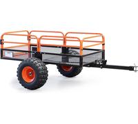 Remolque basculante Wiltec con capacidad de hasta 680 kg, para tractores de césped. Remolque de 216 x 122 x 76,2 cm con rejilla y paredes laterales desmontables. Remolque con función de basculación