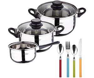 Renberg Bateria de cocina 5 piezas San Ignacio de acero inoxidable con cuberteria de 24 piezas en acero inoxidable en colores surtidos, PK3199