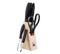 Renberg Dresde Juego De 5 Cuchillos - Acero Inoxidable - Cuchi Chef 18 cm - Cuchi De Pan 20 cm - Cuchi Multiusos 12.5 cm - Cuchi De Pelar 8.75 cm - Tijeras y Pelador- Mango Negro - Bloque De Madera