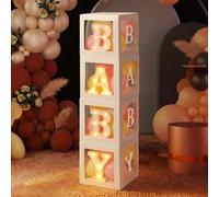 Resholder Cajas de globos para bebé con letras iluminadas, tres cajas cuadradas transparentes blancas para baby shower, decoración de fiesta de cumpleaños, telón de fondo para sesión de fotos