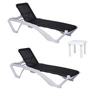 Resol GARBAR ACQUA-Andorra Set 2+1 Tumbona-Mesa Auxiliar Exterior | jardín, terraza, balcón, Playa, Piscina | apilable, reclinable, Ruedas, Posavasos | Estructura Blanca - Textilene Negro