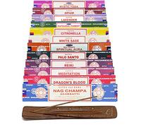 Retailers Satya - Juego de 12 varillas de incienso (aroma a champa, sangre de dragón, meditación, bosque de pachulí, palo, salvia, lavanda, citronela con soporte para varillas de incienso
