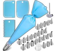 Retoo Juego de Mangas pasteleras Reutilizables de 33 Piezas con 24 boquillas de Acero Inoxidable y 3 espátulas de Silicona para Decorar Tartas, Cupcakes, pastelerías, Manga pastelera, Color Azul