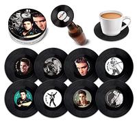Retro Musique Juego de 8 posavasos de vinilo de Elvis Presley con abridor magnético de botellas, bonitos regalos musicales, regalos de bar, regalos para hombres y mujeres, fantásticos regalos para