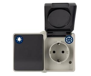 REV AquaBase - Interruptor combinado con enchufe de 2 polos, interruptor de luz A/W de 1 pin, protección IP54, color gris