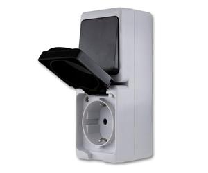 REV AquaMini, Mini Socket - Combinación de interruptor A/W, 38% menos de volumen, IP54, doble polo, montaje en superficie, gris