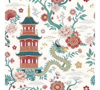 ReWallpaper Papel Pintado Autoadhesivo Flores Rojo Blanco Torre 44.5CMx3M | Papel Pintado Chinoiserie Rollo Vinilo Adhesivo Muebles Flores Rojo Verde Dragón Papel Pared Dormitorio Baño Impermeable