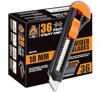 REXBETI Paquete de 36 cuchillos utilitarios, cortador de cajas retráctil para cartones, cartón y cajas, hoja afilada de 18 mm de ancho, mecanismo suave, perfecto para oficina y uso doméstico (paquete