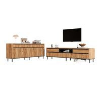 REXO Aparador de salón y mueble de TV de cuatro puertas, color madera natural con detalles en negro, 160 x 40 x 73 cm, 180 x 40 x 52 cm, para televisor de 75 pulgadas, natural