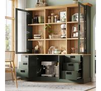 REXO Armario buffet alto verde oscuro 185 cm, vitrina de cristal, 6 cajones, puertas dobles, dispositivo antivuelco, estantes ajustables
