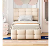 REXO Cama tapizada de 90 x 200 cm, cama nido extraíble, cabecero ajustable, acolchado de lino agradable al tacto, cama individual plana, cama para niños, cama de invitados (beige)