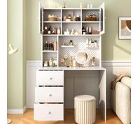 REXO Moderno escritorio multifuncional con armario de 180 cm, escritorio de estudio con sistema de tablón de anuncios, 3 cajones y vitrina con cristal frontal para estudio, dormitorio, oficina en casa