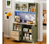 REXO Mueble de cocina alto de 178 cm, vitrina con puertas de cristal templado, estante para vino, estante de cocina, color verde con aspecto de madera, encimera reforzada con aspecto de madera, color