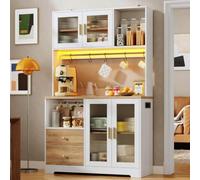 REXO Mueble de cocina alto de 178 cm, vitrina con puertas de cristal templado, estante para vino, estante de cocina, color blanco con aspecto de madera, encimera reforzada natural+blanco