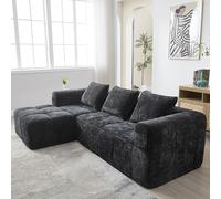 REXO Sofá seccional moderno, sofá de 3 plazas, no requiere instalación, sofá chenilla con chaise longue y reposabrazos, 3 cojines, bolsillo lateral para mando a distancia (negro, 250 x 60 x 90 cm)